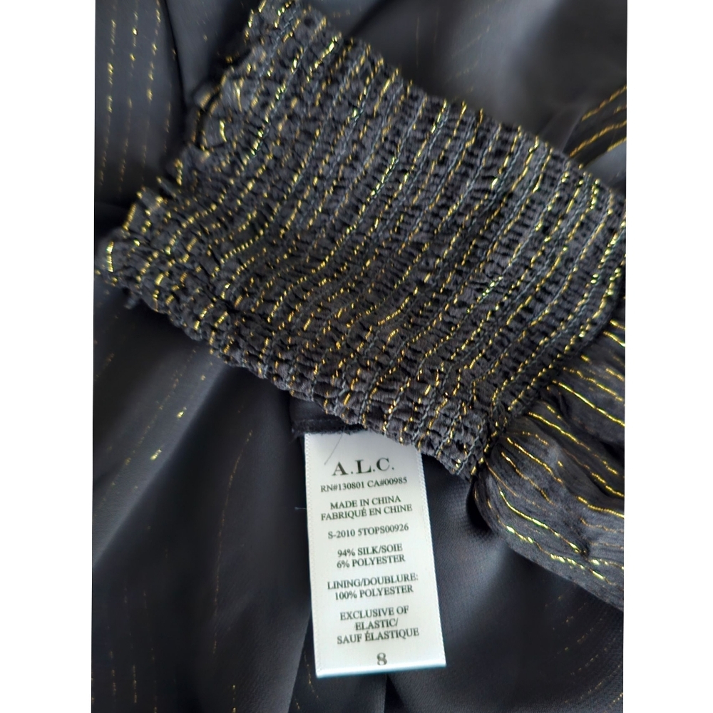 A.L.C Black Metallic Gold Allover Stripes, Mock Neck Long Sleeve Silk Blous Top - Picture 7 of 7